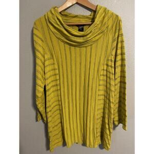 Ali Miles Tunic Womens Size 1X Yellow Striped Cowl Neck Button Sleeve Rayon Boho